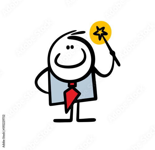 Funny successful businessman wizard waves a magic wand and solves all financial problems by magic.