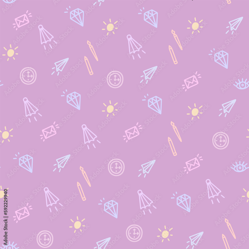 Seamless pattern with doodle elements in pastel colors on a pink background in doodle style. Seamless pattern with doodle elements in pastel colors on a pink background in doodle style.