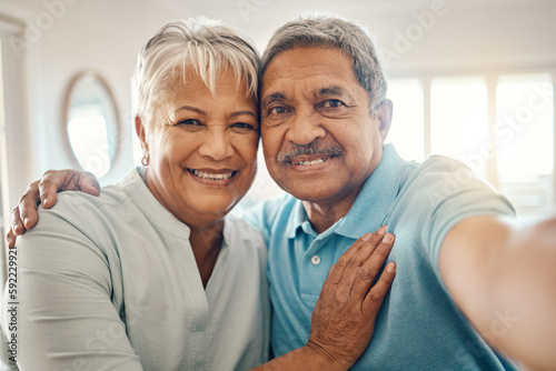 Selfie portrait, hug and elderly couple smile, bonding and enjoy romantic time together in Brazil apartment. Retirement love, social media memory photo and happy senior man, woman or people embrace