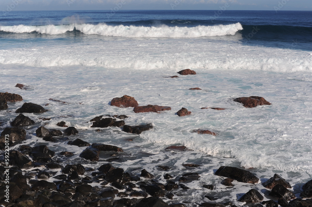 Fototapeta premium Waves breaking and crushing on the rocks on the Atlantic Ocean on coastline and seashore of Madeira Island , Portugal, Europe