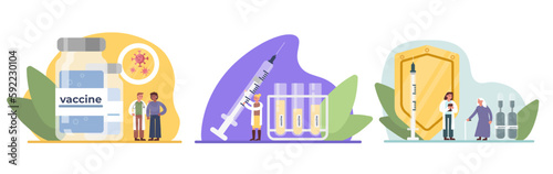 Set of different cartoon characters inventing and making vaccines. Getting vaccinated against illness in hospital. Process of virus destruction. Boosting immune system health. Vector