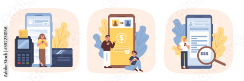 Set of cartoon characters of young people making online bank transactions. Modern banking services. Process of finance management. Replenishment of credit cards using smartphone. Vector