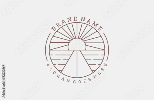 Logo Badge Hipster Gold Sun Sunset with Beach Ocean Sea Water Linear Outline