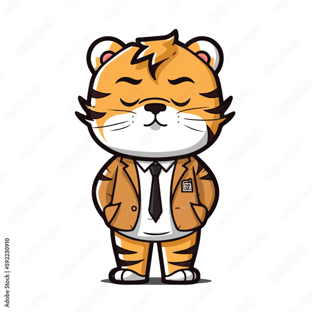 Mascot of cute tiger wearing formal suit concept boss or student college university. Cartoon flat character vector illustration Mascot of cute tiger wearing formal suit concept boss or student college university. Cartoon flat character vector illustration