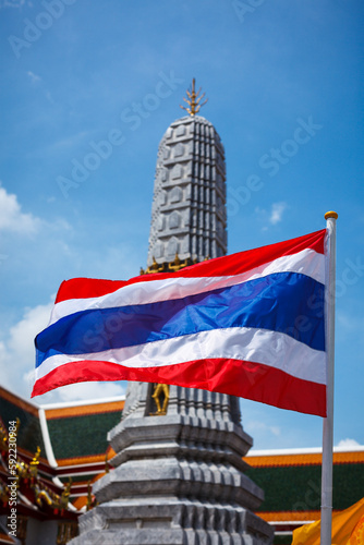 Photography Thailand flag and Buddhist temple Wat Pho. Bangkok, Thailand