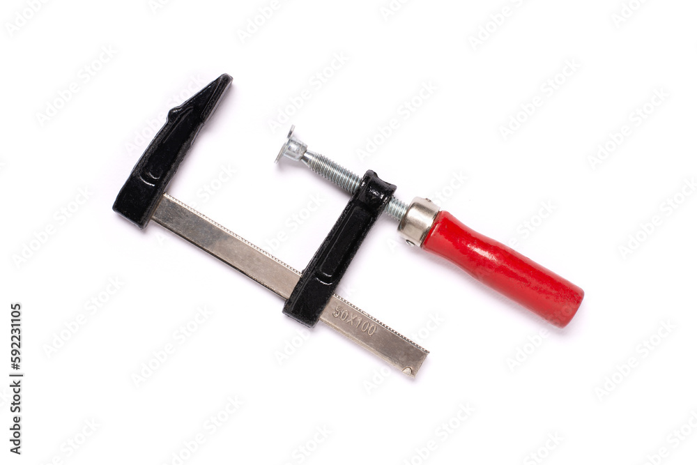 Bar clamp or F- clamp isolated on white background, top view, flat lay. Bar clamp or F- clamp isolated on white background, top view, flat lay.