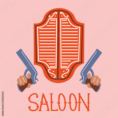 Vector illustration for a western saloon with hands holding pistols. Decorative illustration on the theme of the Wild West.