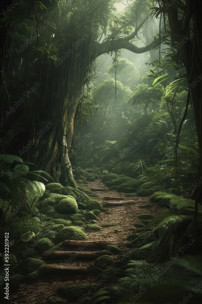 Foggy path in the rainforest of Costa Rica, Central America. Generative AI