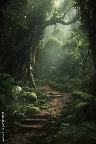 Foggy path in the rainforest of Costa Rica, Central America. Generative AI