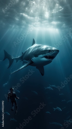 Great White Shark  Carcharodon carcharias  in the deep blue ocean  Generative AI