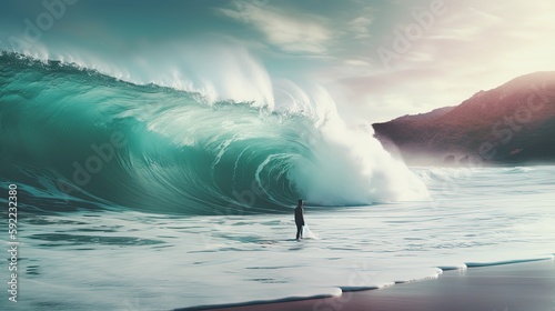 big wave curl crashing on tranquil beach, a man watching big wave at shore, Generative Ai