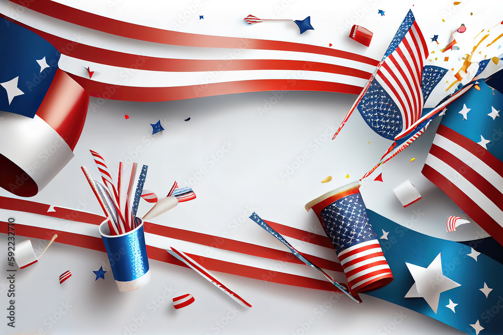 Obraz premium Happy Labor Day. Independence day USA banner mockup with American flags, drinking straws. Generative Ai