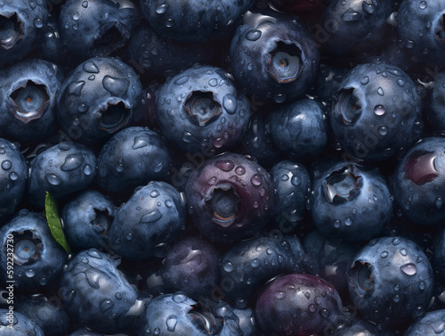 Delicious blueberries with droplets of water seamless background  ai generative