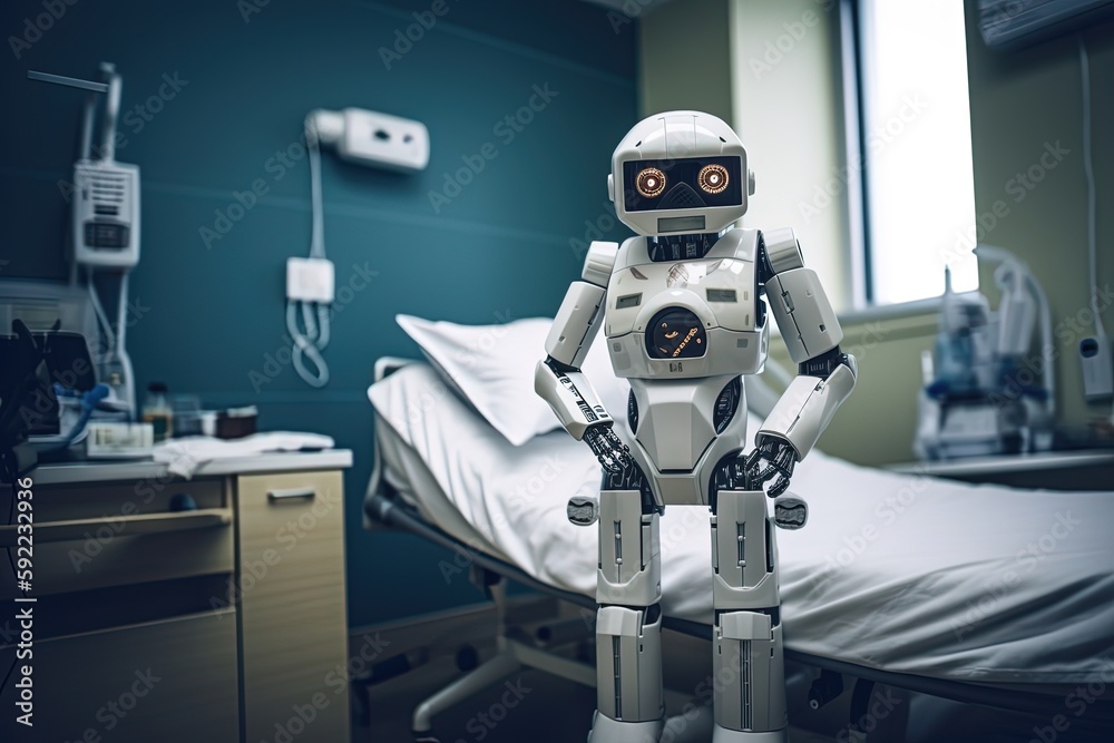 futuristic robot in hospital, concept of technology for medical center, Generative Ai