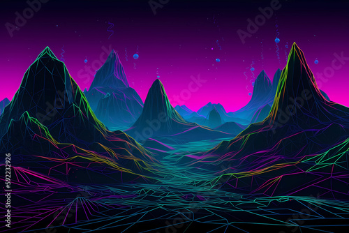 Neon landscape with mountains,background,Cyberspace,cool