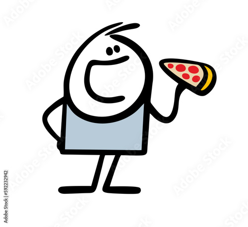 Cartoon stickman character eating pizza slice with open mouth.