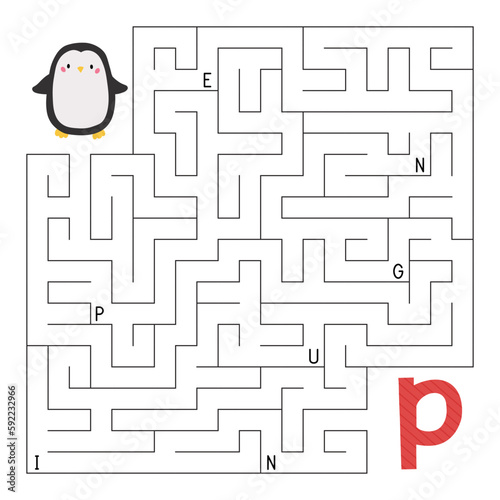 ABC maze game. Educational alphabet puzzle. Labyrinth with letters. Help penguin find right way to the letter P. Printable activity worksheet. Learn English language. Vector illustration.