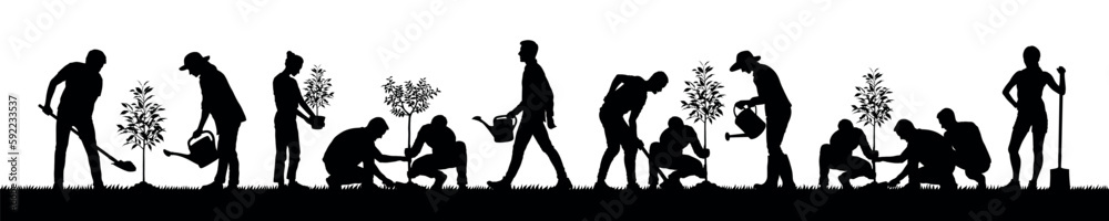 People planting trees and gardening silhouette set.