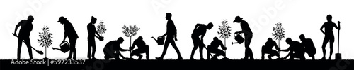 People planting trees and gardening silhouette set.