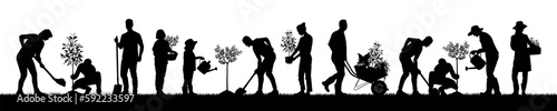 Silhouette of people planting trees various poses set collection. Family gardening and planting trees outdoor different poses silhouette set.