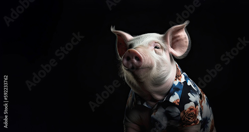 Pig wearing a flower print shirt, in the style of photorealistic portraits, tropical symbolism with a dark background. Generative AI © Gelpi