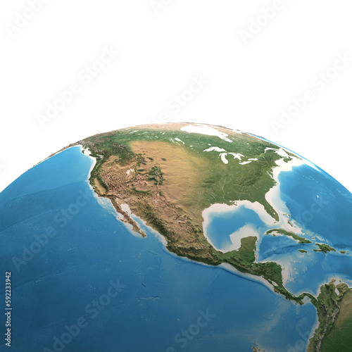High resolution satellite view of Planet Earth, focused on North America, USA, Mexico, Central America and Carribean Islands - 3D illustration, elements of this image furnished by NASA.