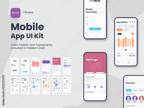 Fitness Mobile App UI Kit Including Account Sign In, Sign Up, Workout And Statistics Features Screen For Responsive Website Wireframe.