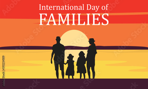 International Day of Families design. It shows a silhouette of a family consisting a mother,father and children during the sunset by the sea. Vector illustration