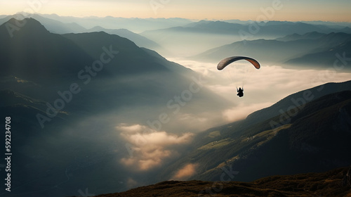 Man paragliding above clouds