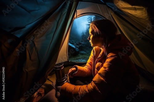 Solo camper enjoying peaceful night in a tent