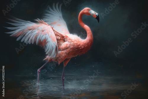 Painting of a beautiful landing flamingo