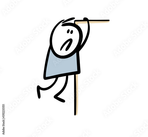 Doodle unfortunate stickman clutched the edge with his hands, holds on and hangs over the abyss, afraid to fall down.