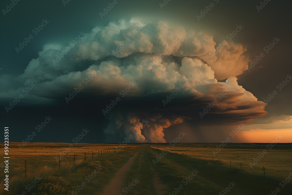 Supercell storm cloud over an open field, Generative AI Supercell storm cloud over an open field, Generative AI