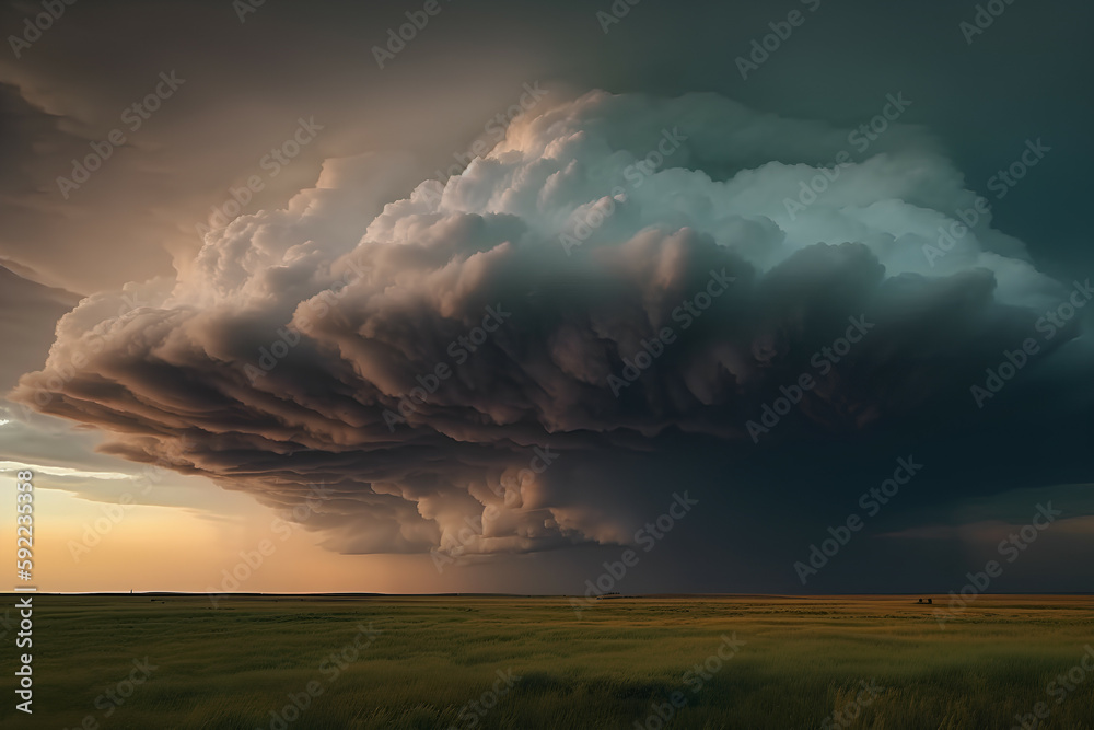 Supercell storm cloud over an open field, Generative AI
