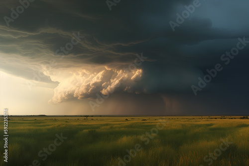 Supercell storm cloud over an open field, Generative AI