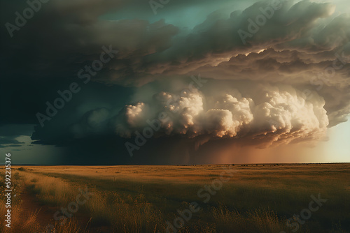 Supercell storm cloud over an open field, Generative AI