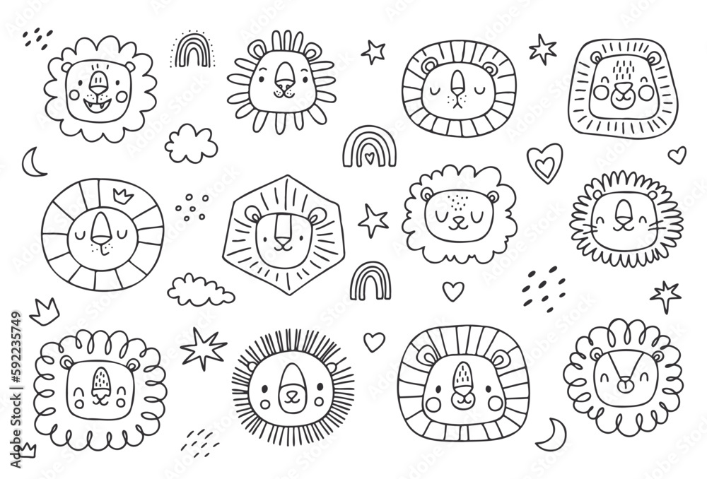 Cute doodle lion heads set. Childish illustration