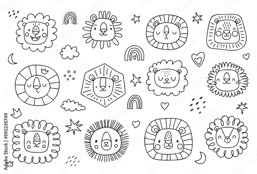 Cute doodle lion heads set. Childish illustration Cute doodle lion heads set. Childish illustration