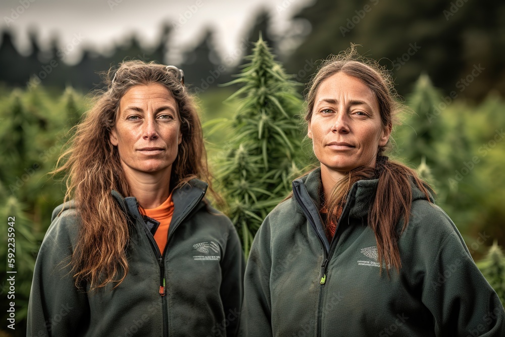 Prominent and successful female cannabis farmers, posing for the camera in fields of their prized strains. Portraits highlighting the skill, experience and personality behind the crops. Generative AI