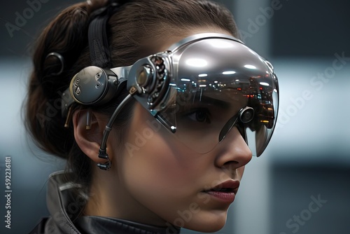 woman fashion portrait in style of futuristic and technology theme concept, a woman wearing high technology glasses or Vr headset, Generative Ai