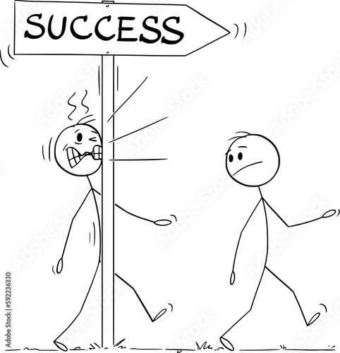 Person or Businessman on the Way for Success Hit the Arrow, Vector Cartoon Stick Figure Illustration