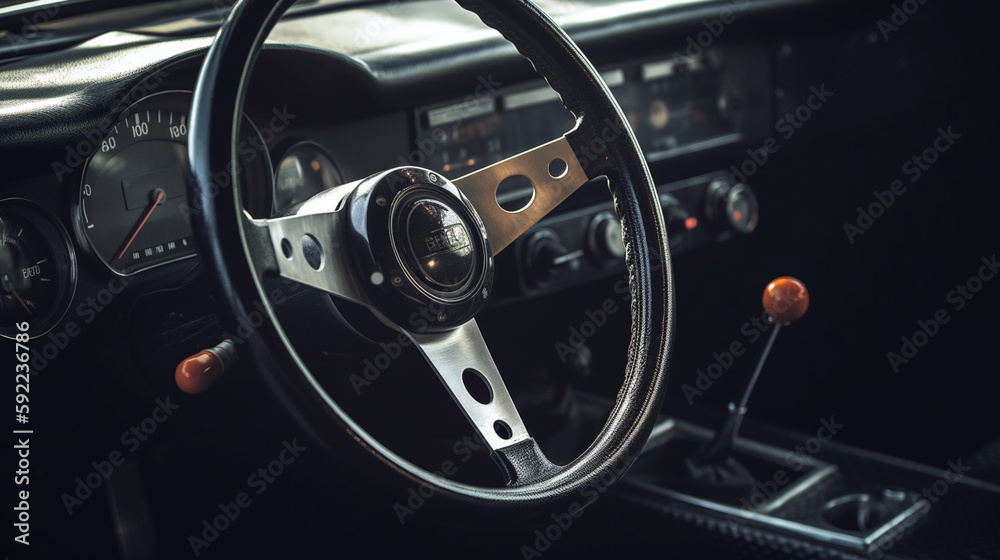 car steering wheel with a dashboard and gear shifter