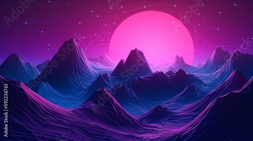abstract virtual reality violet background, cyber space landscape with mountains Generative AI