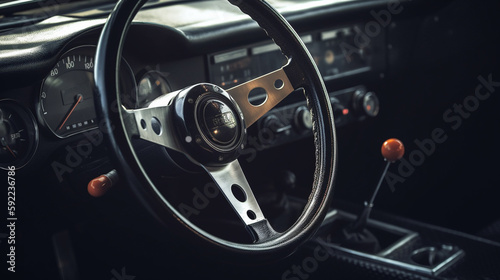 car steering wheel with a dashboard and gear shifter photo