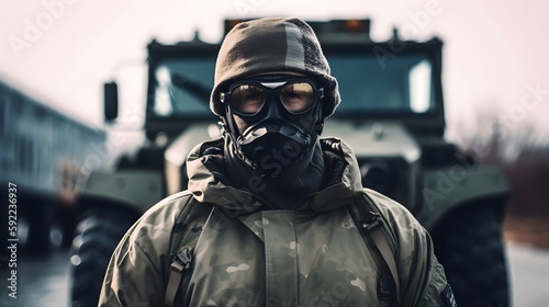 Moderner Soldat mit Maske vor einer Panzer in Tageslicht photo
