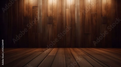 Holzwand mit Boden und Lichtstrahlen von der Decke