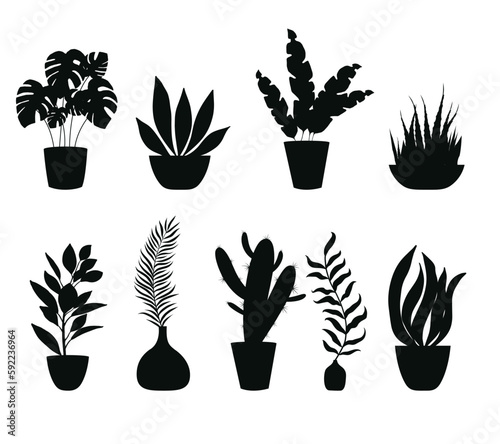 Collection of Home Plants in  flower pots and vases black silhouettes isolated on white