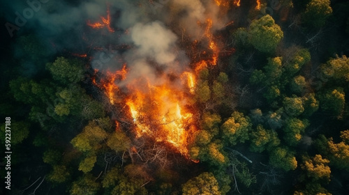 forest fire, a wildfire in a jungle, pine trees wildfire due to hotter climates, top view Generative AI