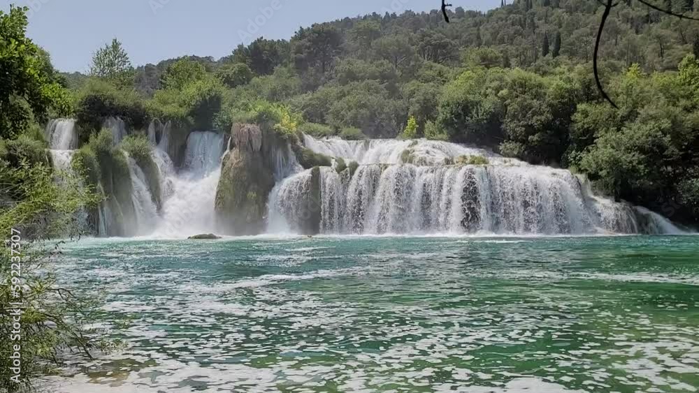 Low-angle shot of Skradinski Buk waterfall with forested mountains and sky in the background Low-angle shot of Skradinski Buk waterfall with forested mountains and sky in the background