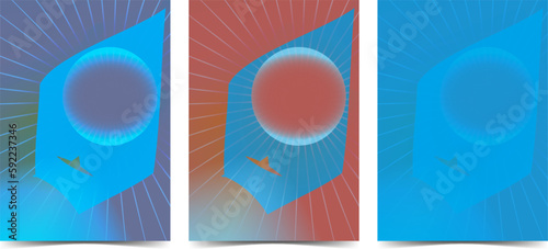 A set of postcards in retro style with an airplane and the sun.